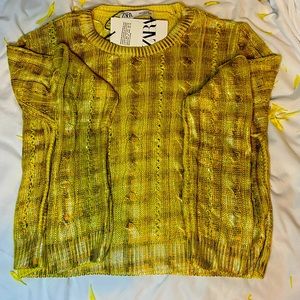 ZARA Cable Knit Mustard Color Sheen Crop Sweater MEDIUM